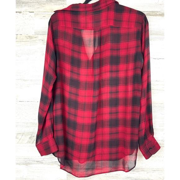 Polo Ralph Lauren Women’s 10 Red Black Buffalo Plaid Silk Sheer Blouse Holiday - Picture 4 of 6
